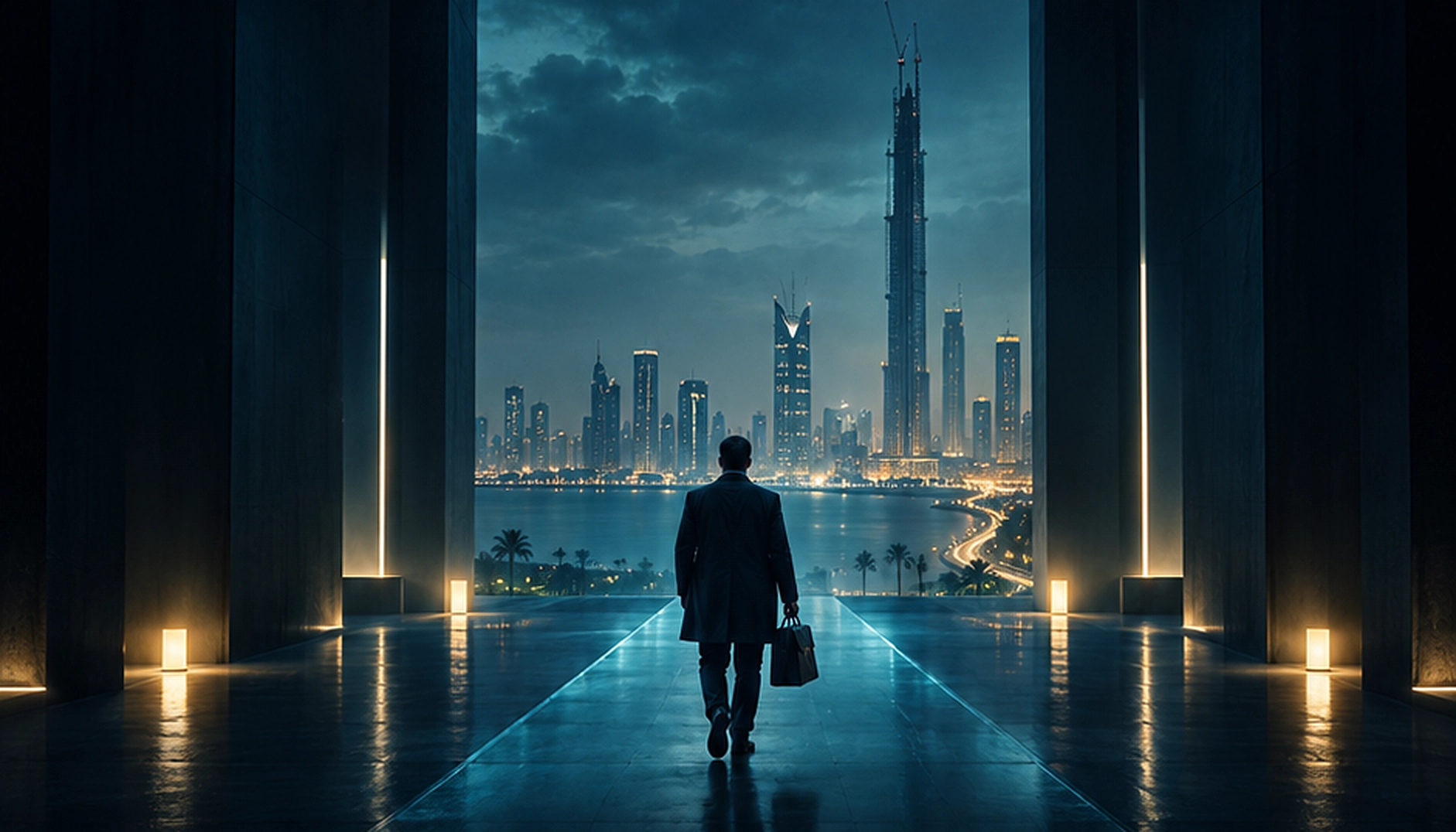 The original approved OpsCntrl image: a lone executive walking toward Jeddah Tower and the waterfront.